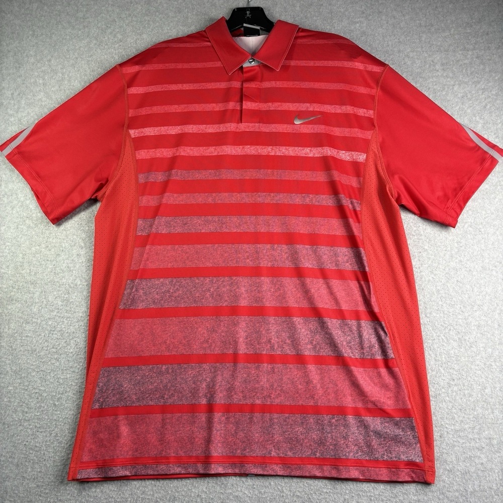 Nike Tiger Wood Polo Men's L Dry Fit Red Striped Ombré Perforated Snaps EUC